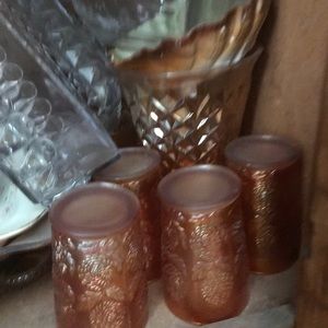 Carnival glass Cream and sugar, vase and 4 glasses